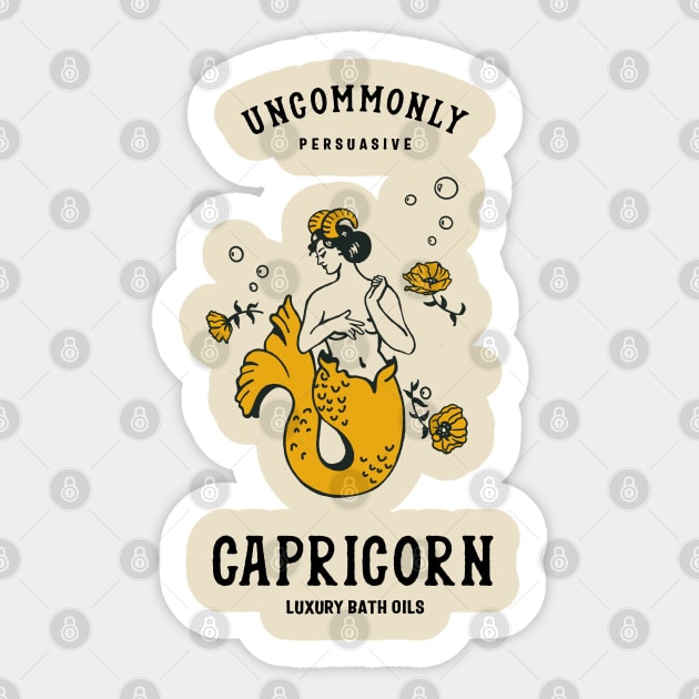 "Capricorn Luxury Bath Oils: Uncommonly Persuasive" Cool Zodiac Art Sticker by The Whiskey Ginger